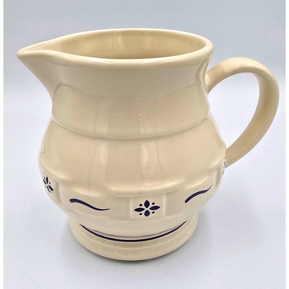 Longaberger Pottery Woven Traditions 1Qt Ceramic Pitcher Blue/ Off White